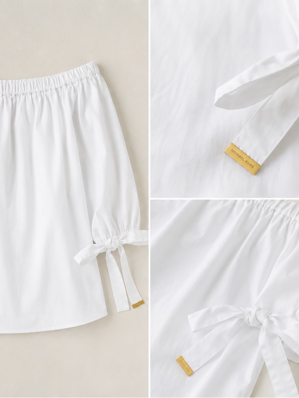 Michael Kirs Off-Shoulder White Tie-Sleeve Blouse - Picture 2 of 4